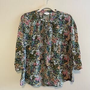 J Jill Size XS Green Floral Blouse Long Sleeves Lightweight Button Front